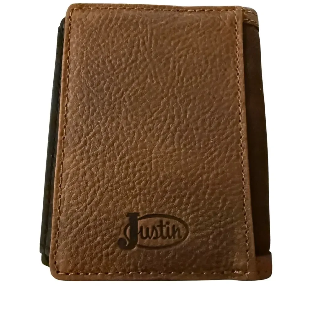 Justin Bifold Front Pocket Wallet, Brown Suede Leather, Tan Yoke & Studs, NWT